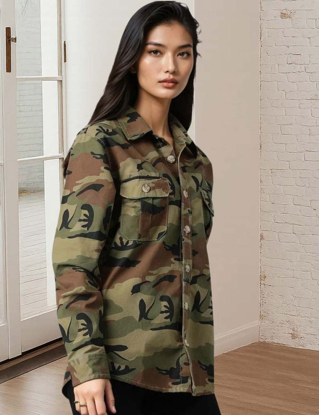 Kotty Women Spread Collar Camouflage Denim Jacket