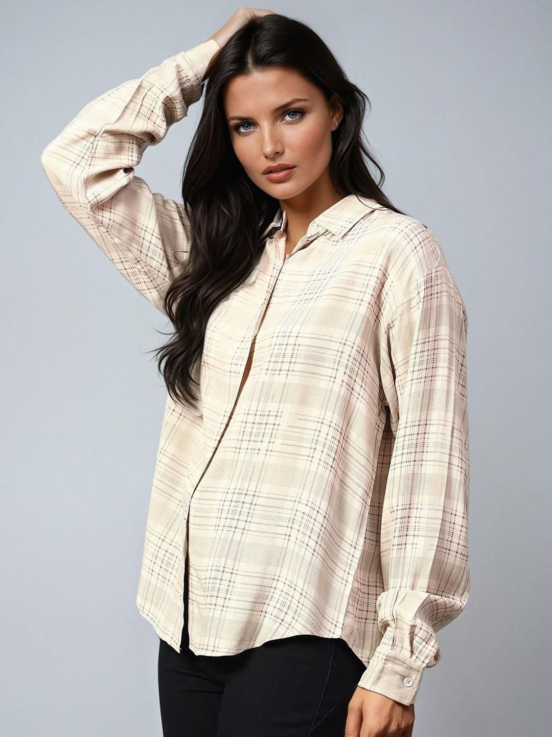 Kotty Women Spread Collar Checked Cotton Casual Shirt