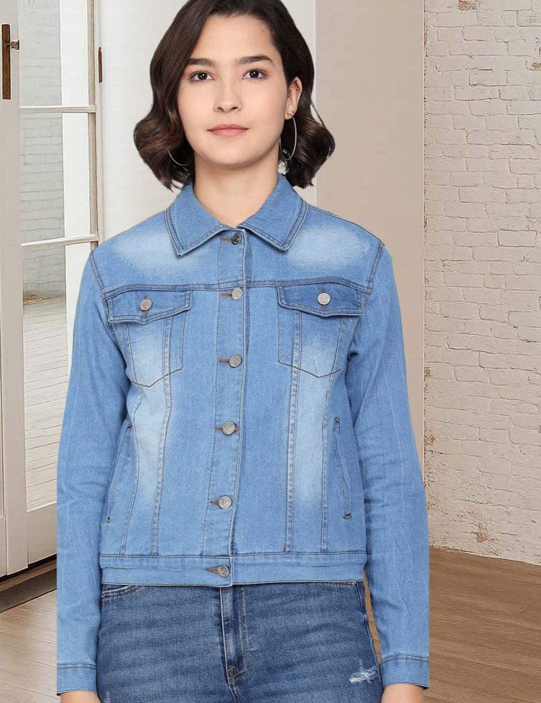 Kotty Women Spread Collar Solid Denim Jacket