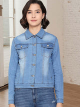 Kotty Women Spread Collar Solid Denim Jacket