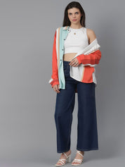 Kotty Women Spread Collar Colourblocked Cotton Oversized Casual Shirt