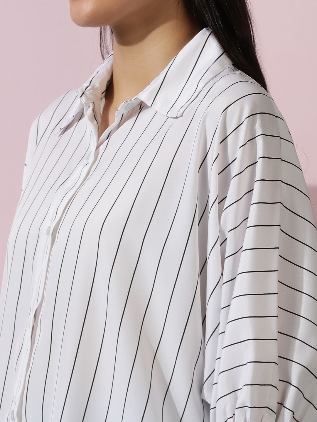 Kotty Women Comfort Spread Collar Vertical Striped Cotton Oversized Casual Shirt
