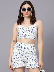 Kotty White & Blue Floral Printed V-Neck Top With Shorts