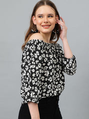 Kotty Women Floral Print Off-Shoulder Puff Sleeves Crepe Top