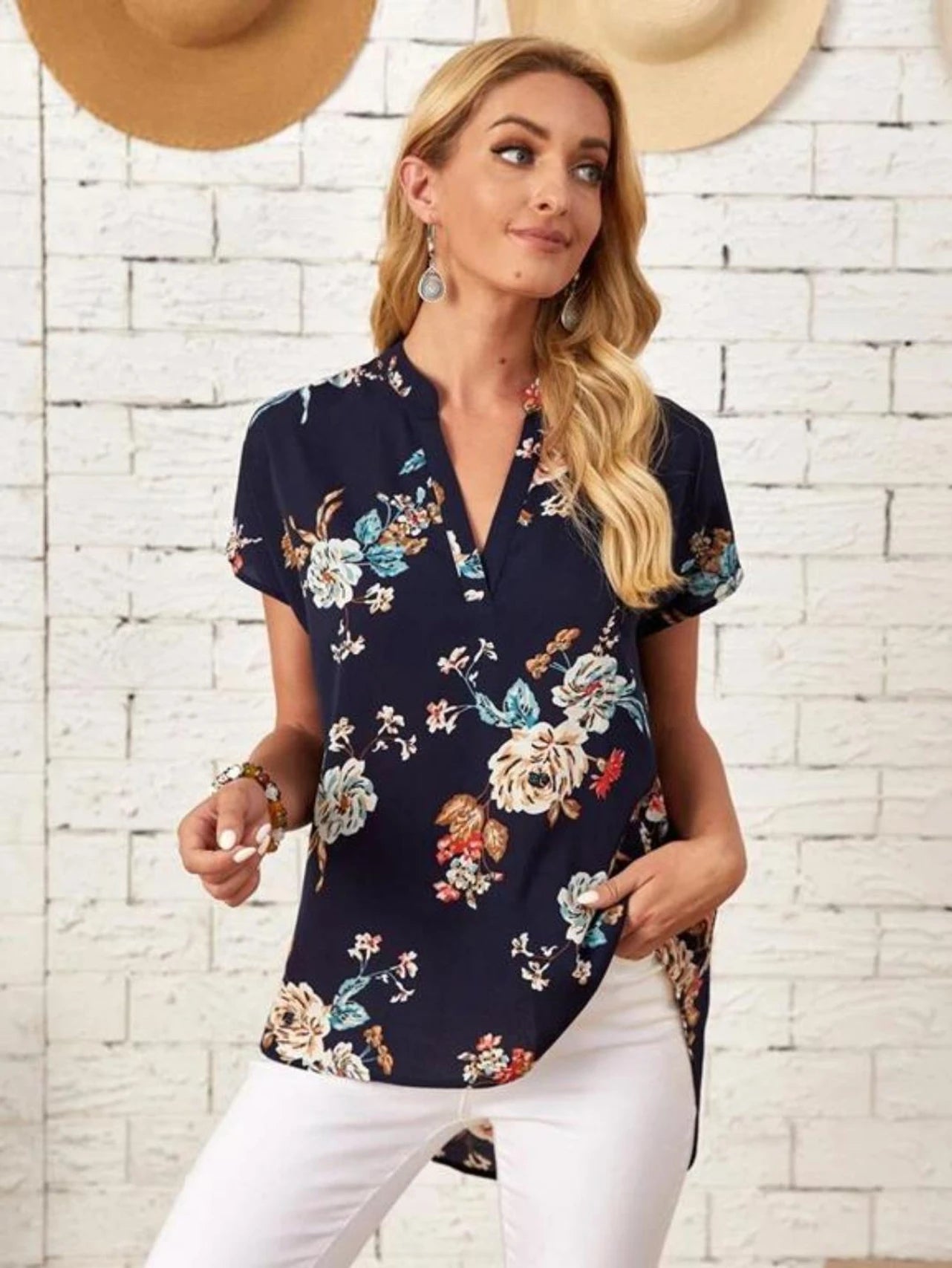 Kotty Women's Navy Blue Floral Print Short Sleeve Casual Blouse