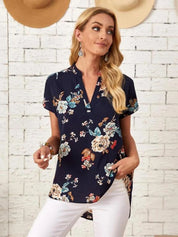Kotty Women's Navy Blue Floral Print Short Sleeve Casual Blouse