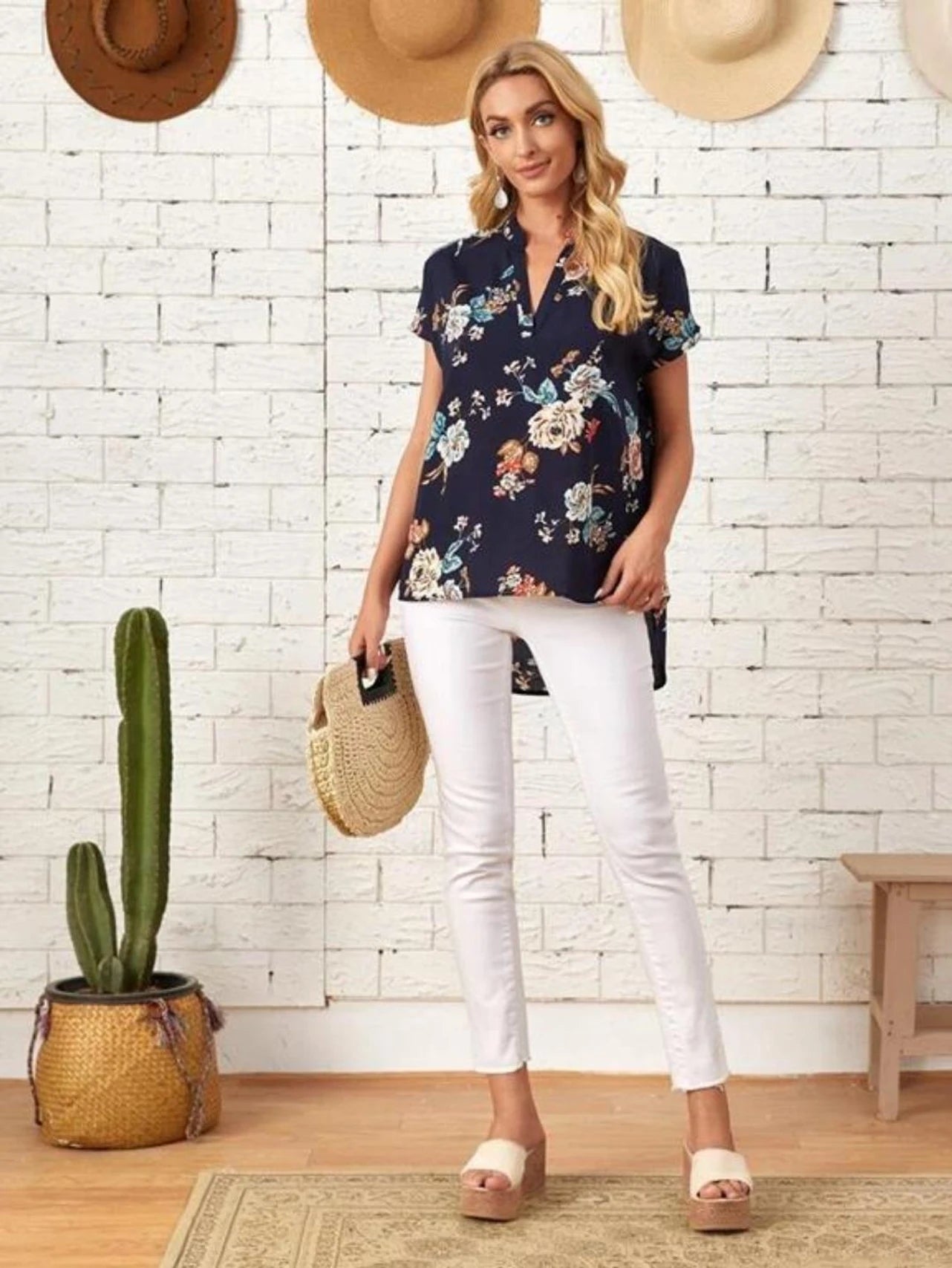 Kotty Women's Navy Blue Floral Print Short Sleeve Casual Blouse