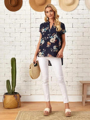 Kotty Women's Navy Blue Floral Print Short Sleeve Casual Blouse