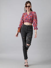 Kotty Women's Red Floral Print Puff Sleeve Smocked Crop Top