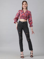 Kotty Women's Red Floral Print Puff Sleeve Smocked Crop Top