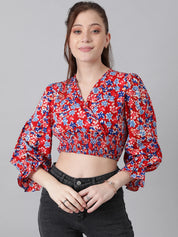 Kotty Women's Red Floral Print Puff Sleeve Smocked Crop Top