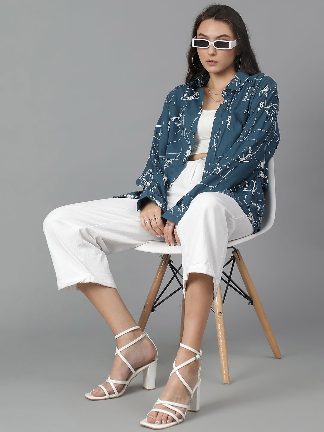 Kotty Women Spread Collar Abstract Printed Cotton Oversized Casual Shirt