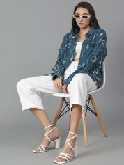 Kotty Women Spread Collar Abstract Printed Cotton Oversized Casual Shirt