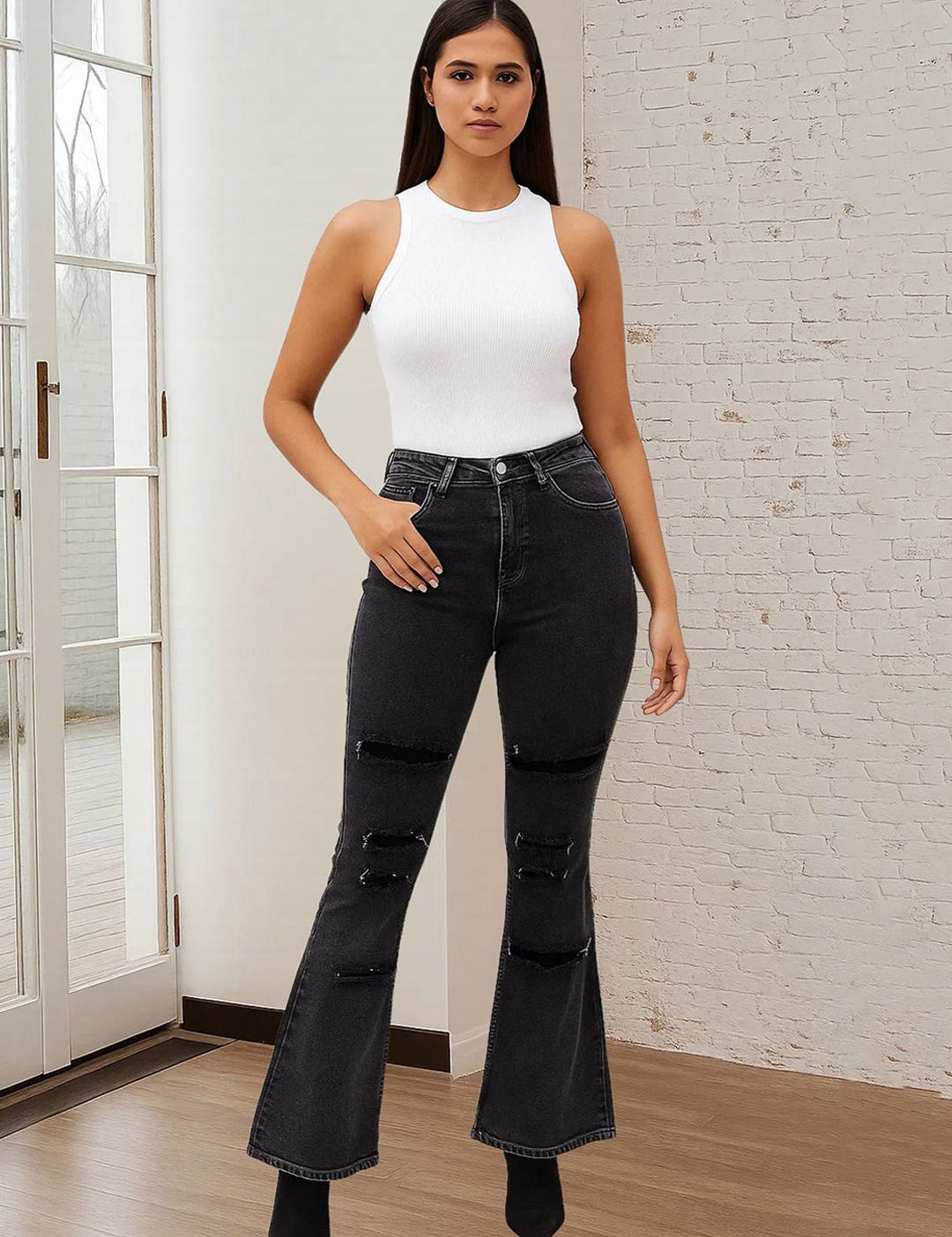 Kotty Women Bootcut High-Rise Mildly Distressed Stretchable Jeans