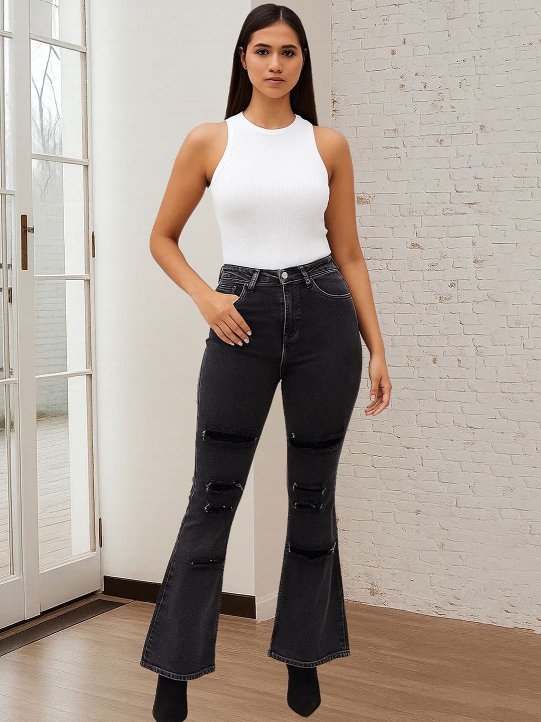 Kotty Women Bootcut High-Rise Mildly Distressed Stretchable Jeans