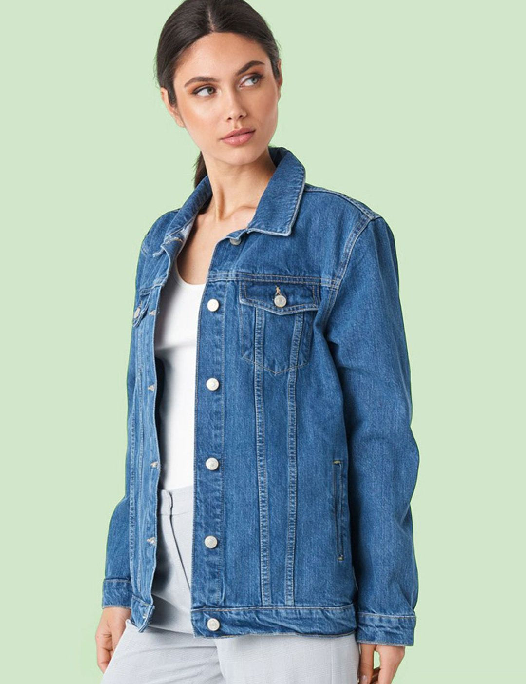 Kotty Women Spread Collar Solid Cotton Casual Denim Jacket