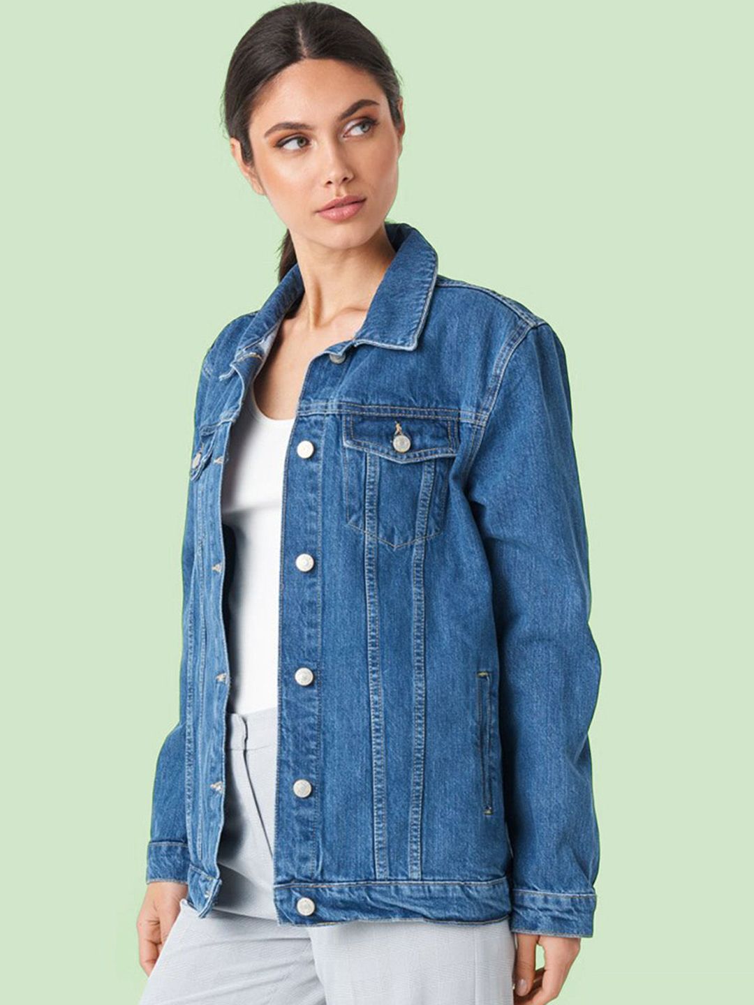 Kotty Women Spread Collar Solid Cotton Casual Denim Jacket