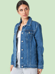 Kotty Women Spread Collar Solid Cotton Casual Denim Jacket