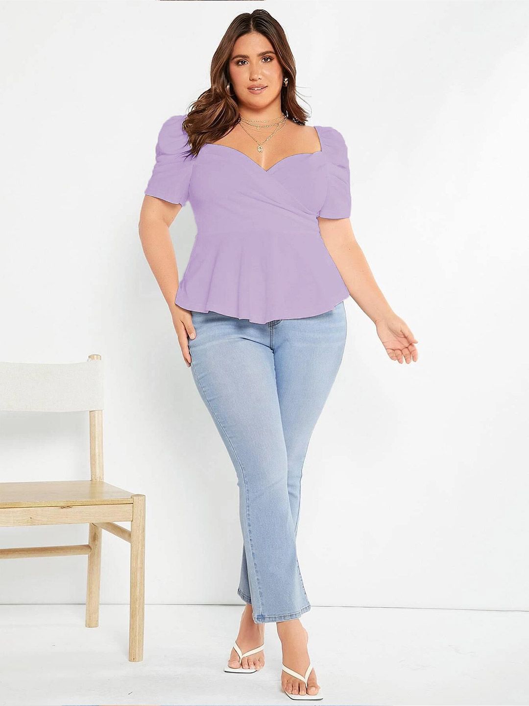 KOTTY Sweetheart Neck Puff Sleeve Peplum Top