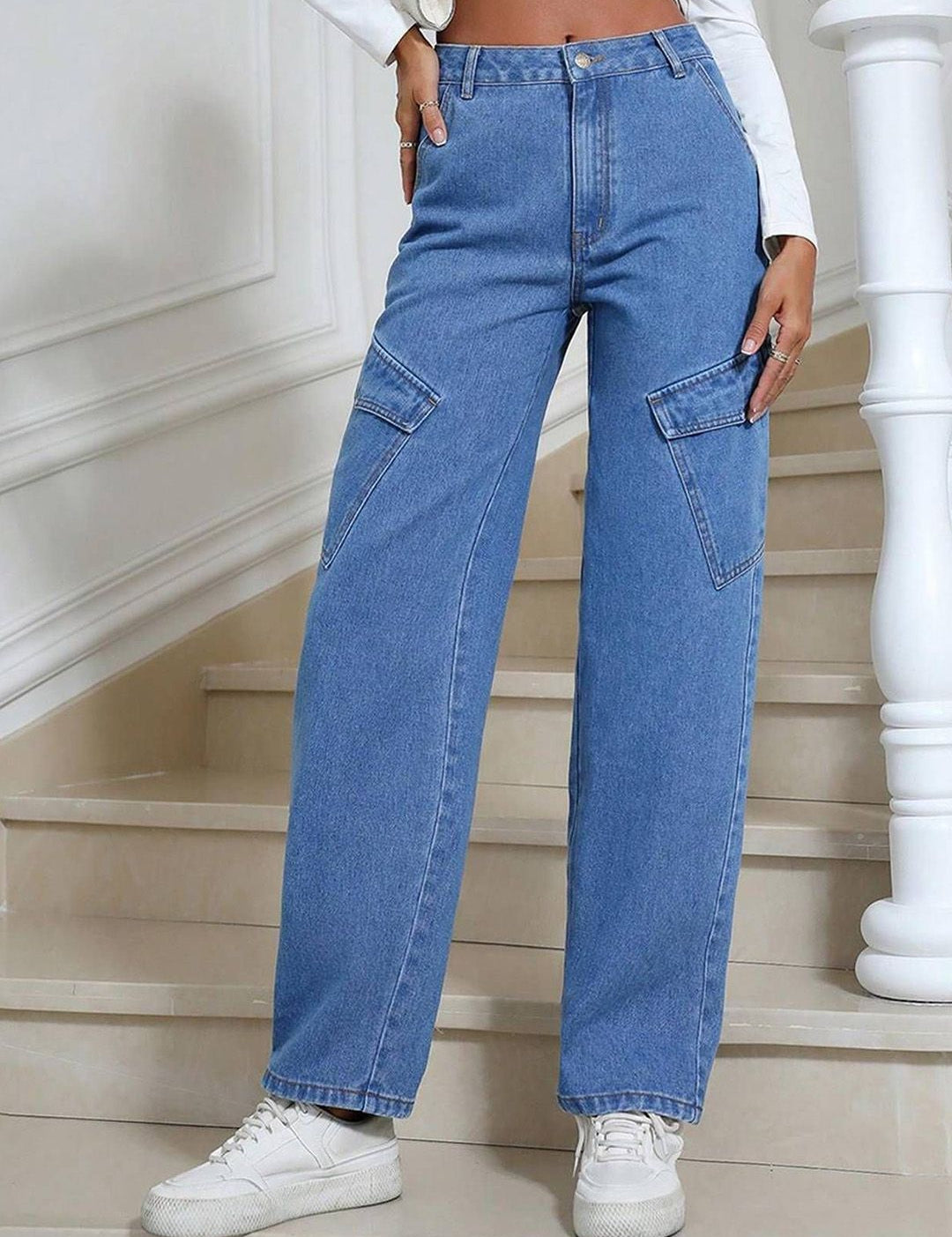 Kotty Women Wide Leg High-Rise Stretchable Cargo Jeans