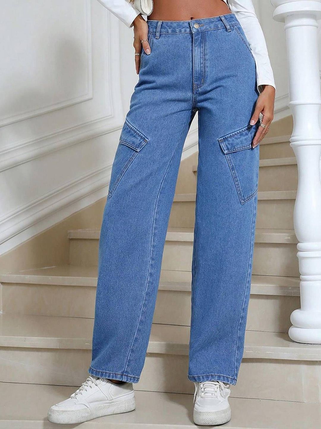 Kotty Women Wide Leg High-Rise Stretchable Cargo Jeans