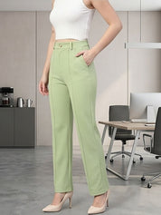 Green Regular Fit High-Rise Trousers for Women | Kotty