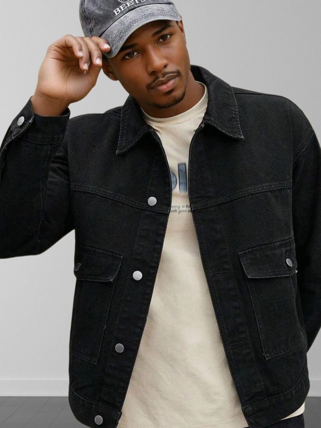 Kotty Men Spread Collar Solid Denim Jacket