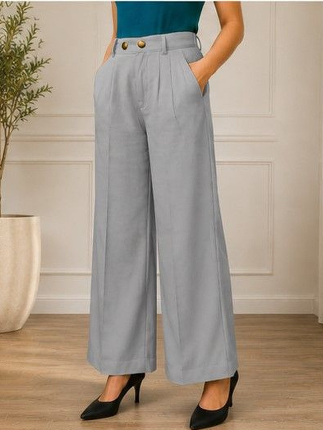 Grey Regular Fit High-Rise Trousers for Women | Kotty