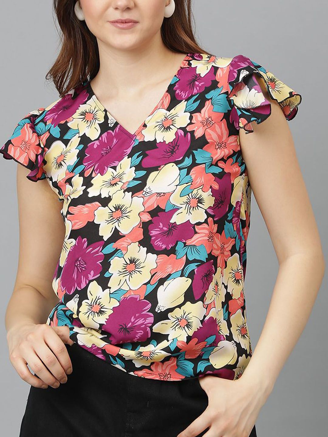 Kotty Floral Print Flutter Sleeve Crepe Wrap Top