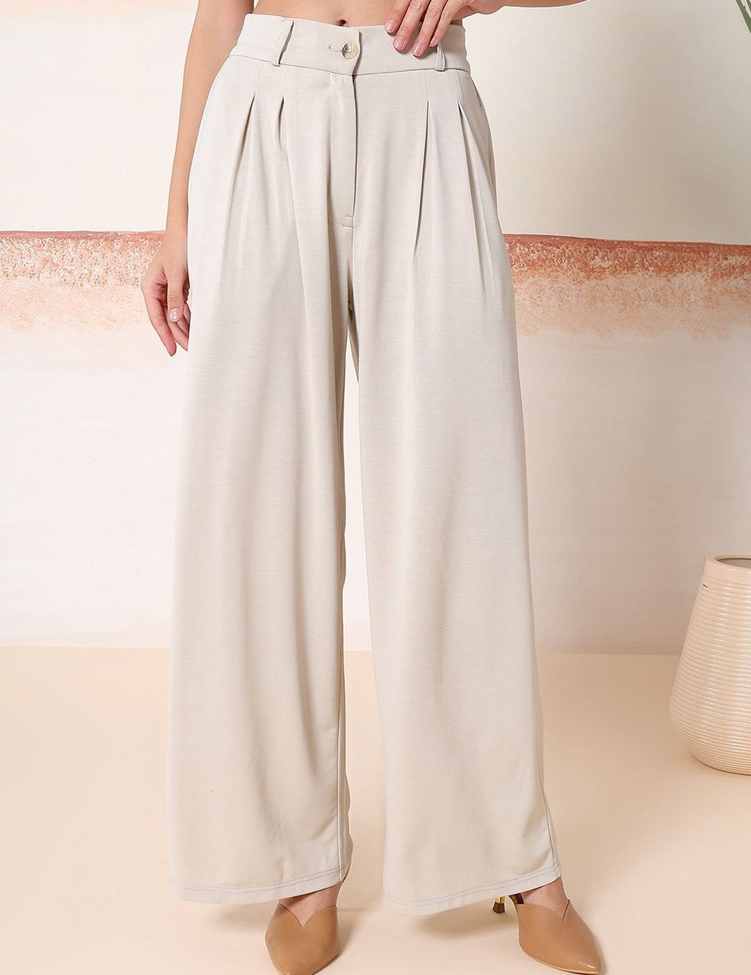 Kotty Women Solid Comfort Flared High-Rise Pleated Parallel Trousers