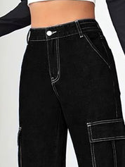 Kotty Women Straight Fit High-Rise Stretchable Cargo Jeans with White Stitching