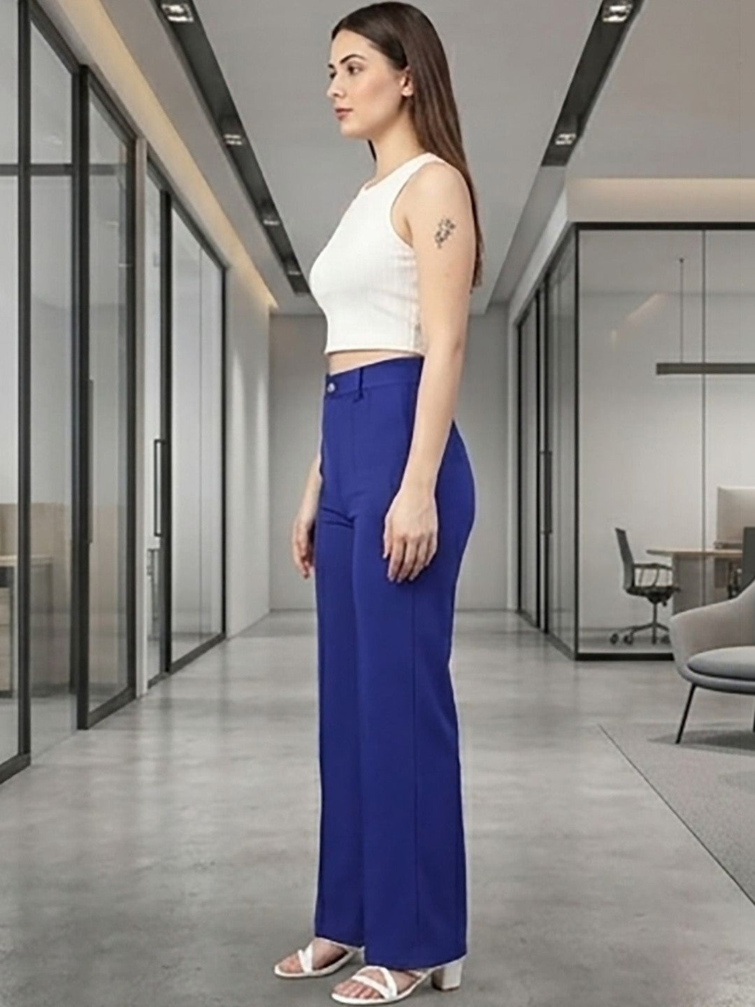 Blue Regular Fit Mid-Rise Trousers for Women | Kotty