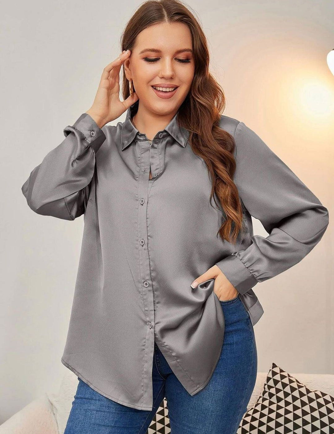 CURVE BY KOTTY Women Regular Fit Spread Collar Satin Shirt