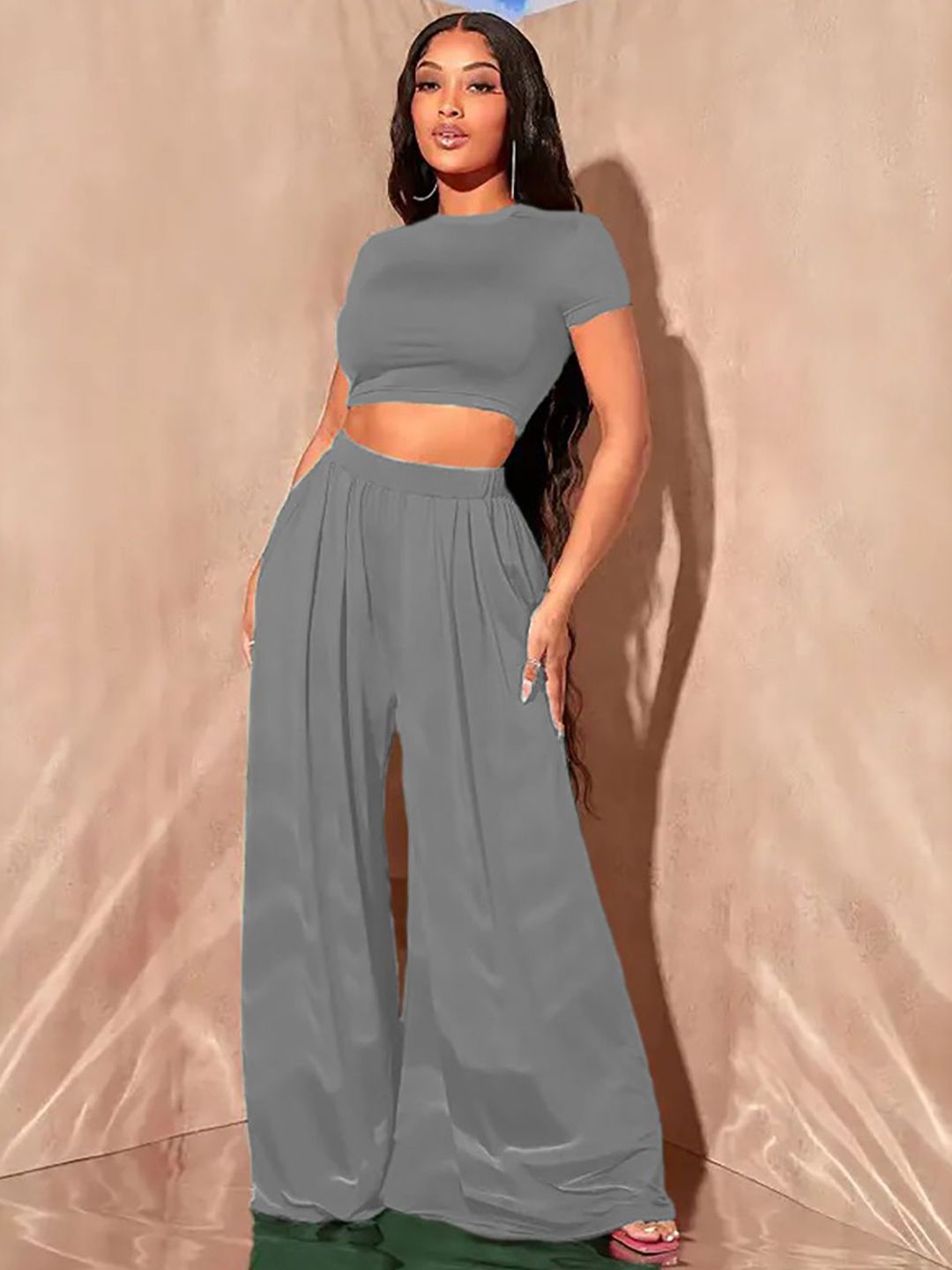 Kotty Round Neck Crop Top With Wide-Leg Trousers Co-Ords