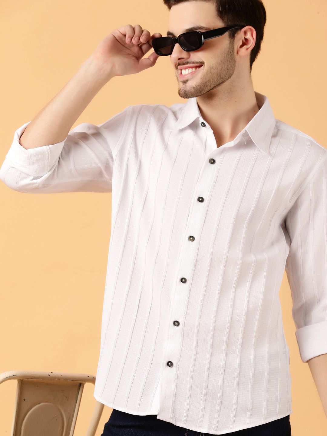 Kotty Men Relaxed Spread Collar Textured Cotton Casual Shirt