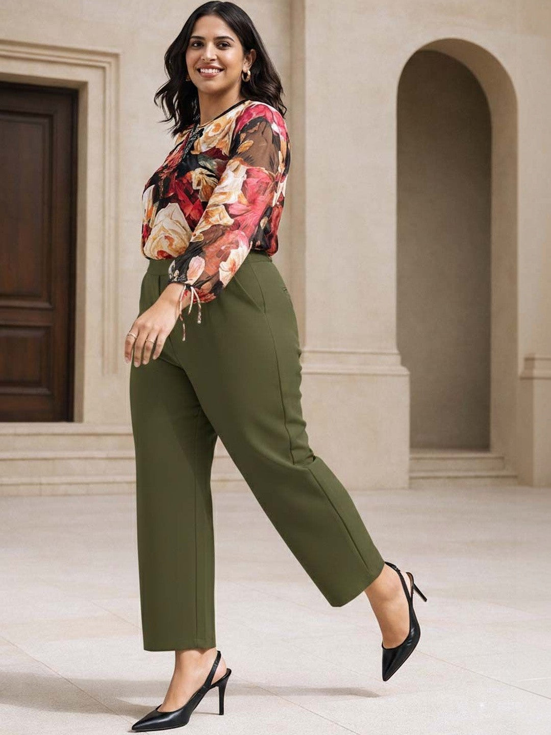 Green Straight Fit High-Rise Trousers for Women | Kotty