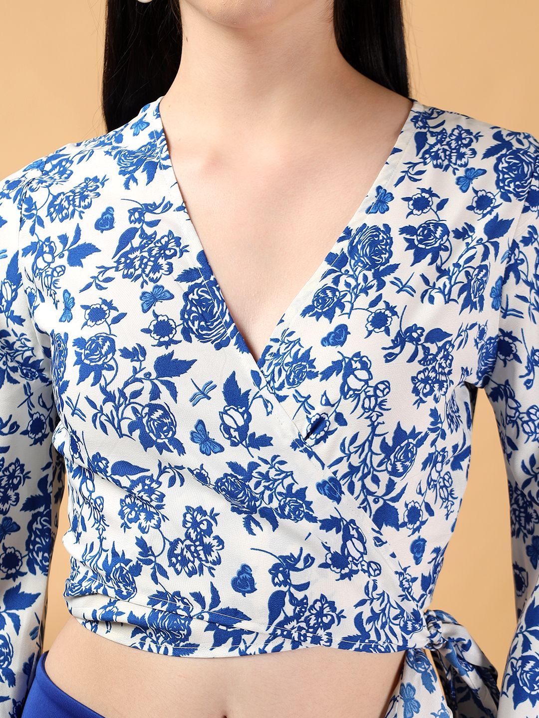 Kotty Floral Print Bell Sleeve Crepe Wrap Crop Top