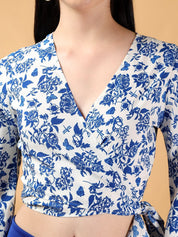 Kotty Floral Print Bell Sleeve Crepe Wrap Crop Top