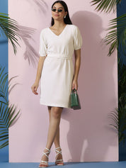 Kotty Women Solid Puff Sleeves A-Line Dress