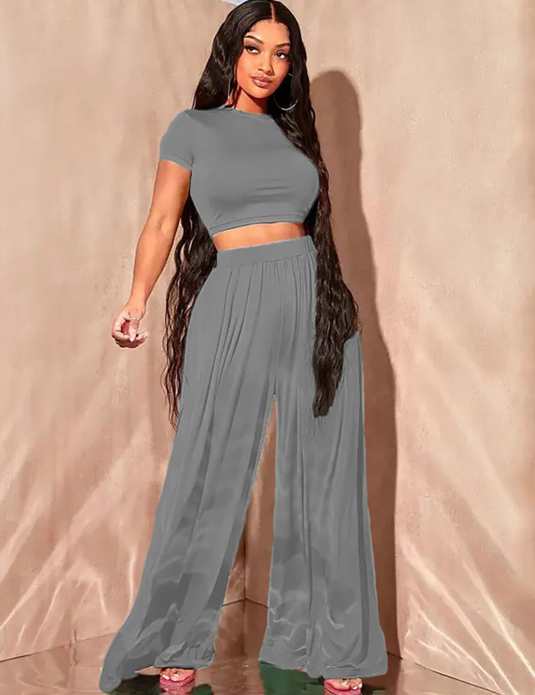 Kotty Round Neck Crop Top With Wide-Leg Trousers Co-Ords