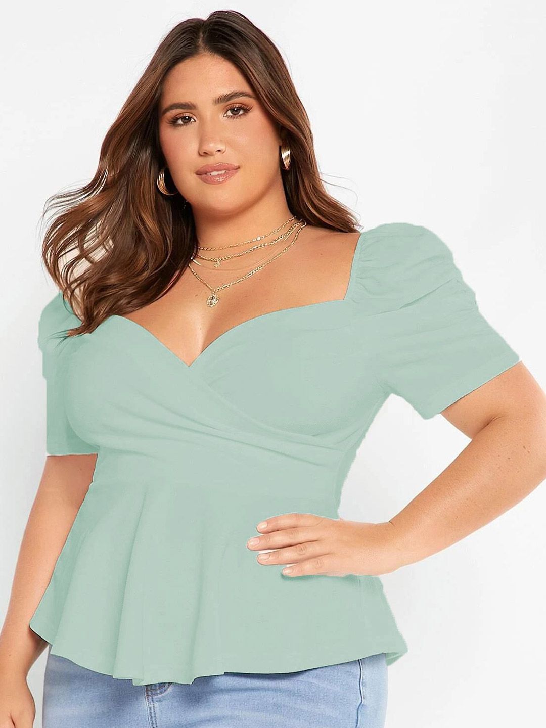 KOTTY Sweetheart Neck Puff Sleeve Peplum Top