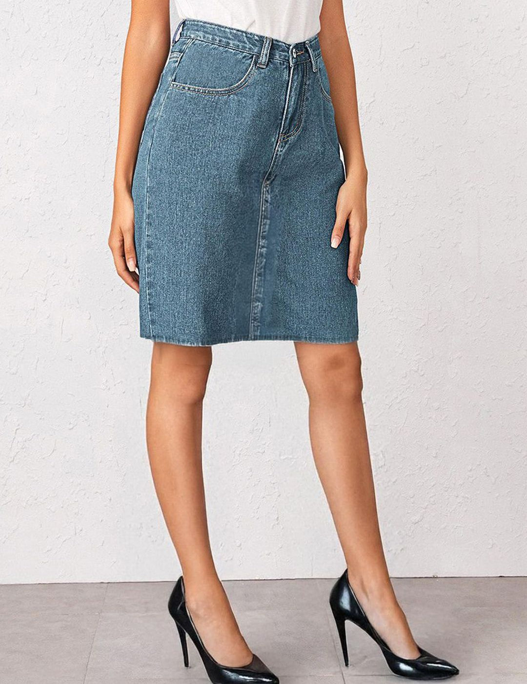 Kotty  Women Solid Denim Pencil Knee-Length Skirt