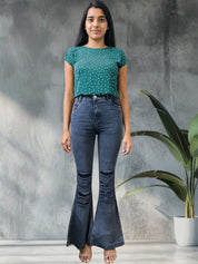 Kotty Bootcut High-Rise Mildly Distressed Light Fade Stretchable Jeans