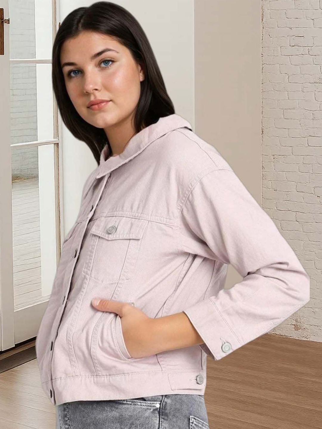 Kotty Women Spread Collar Solid Denim Jacket