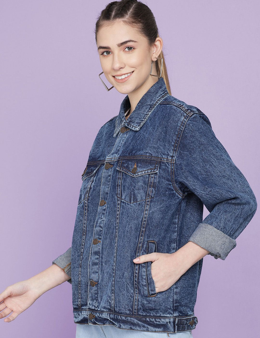 Kotty Women Spread Collar Washed Self Design Cotton Casual Denim Jacket