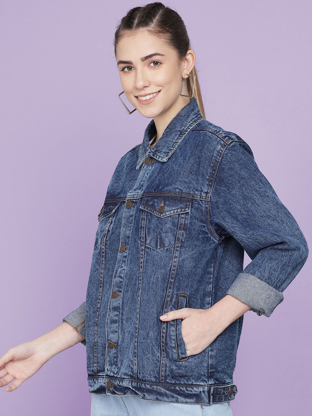 Kotty Women Spread Collar Washed Self Design Cotton Casual Denim Jacket