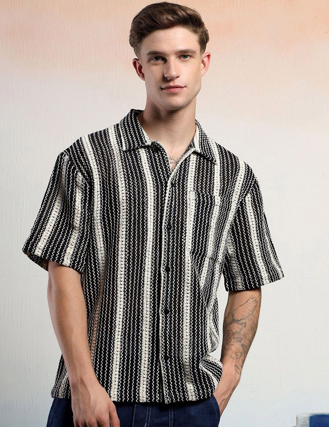 Kotty Men Monochrome Striped Cotton Shirt