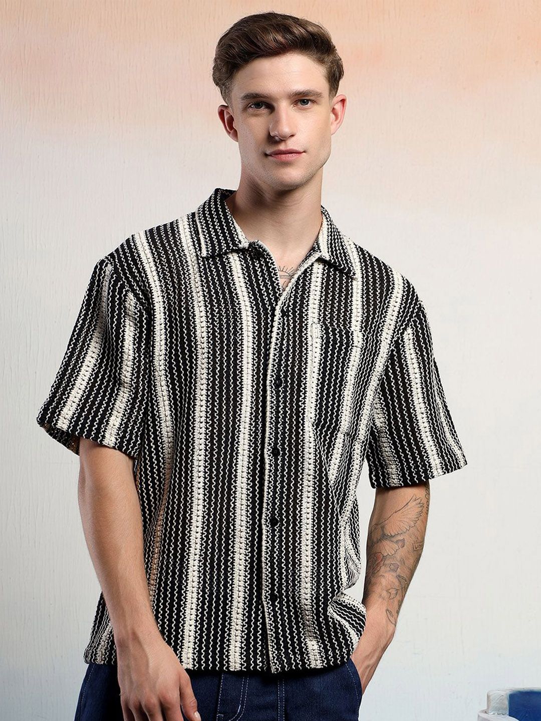 Kotty Men Monochrome Striped Cotton Shirt