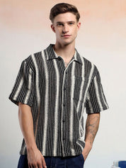 Kotty Men Monochrome Striped Cotton Shirt