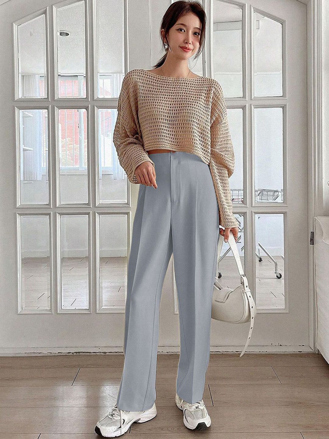 Kotty Women Relaxed Straight Leg Straight Fit High-Rise Cotton Pleated Formal Trousers